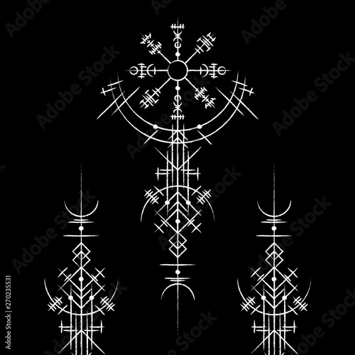 Black background with abstract white magic ancient symbols