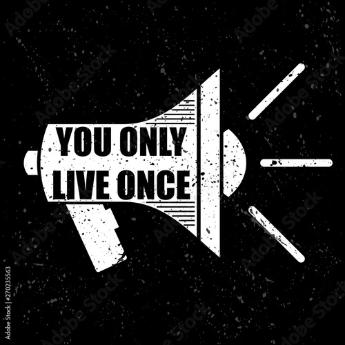 White grunge speaker with black yolo promo text