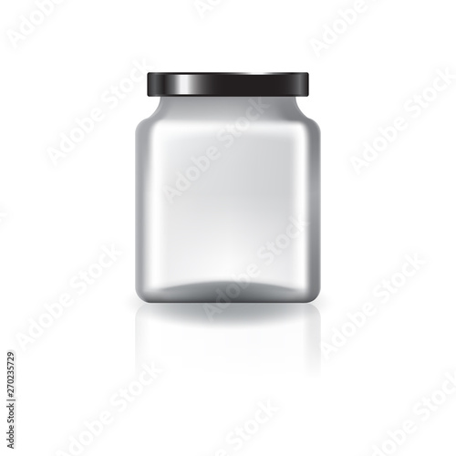 Blank square jar with black lid for supplements or food product. Isolated on white background with reflection shadow. Ready to use for package design. Vector illustration.