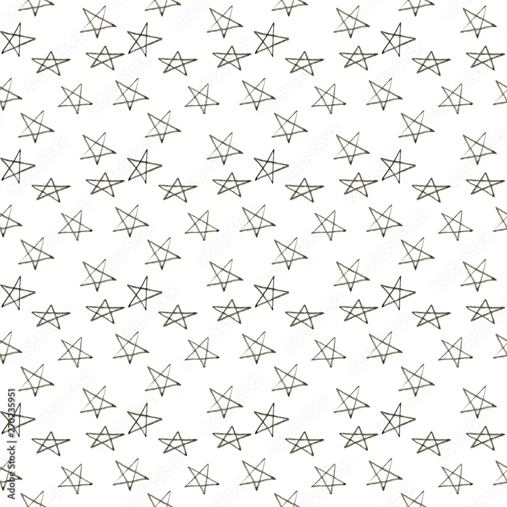 Hand drawn star pattern with ink doodles. white background. Clip art illustration watercolor style. Night cloud. Textile, banner