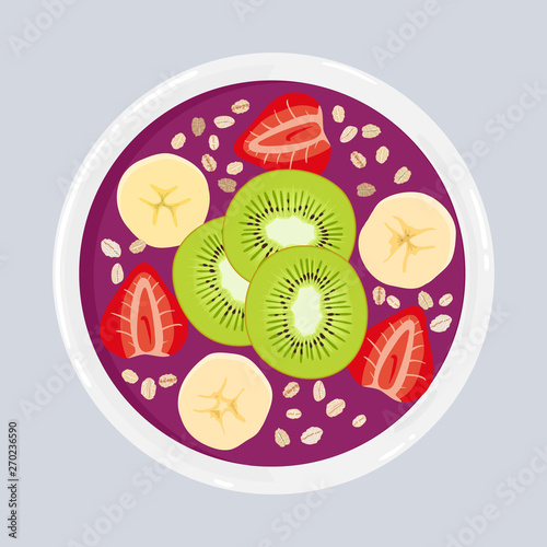 Acai smoothie bowl with kiwi, banana, strawberries and oats, top view. Healthy natural breakfast. Portion of acai smoothie with fruits and berries in a bowl isolated on background. Vector illustration