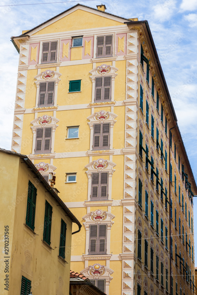 Naklejka premium Camogli, Italy. 04-29-2019. Colored houses at Camogli. Liguria.