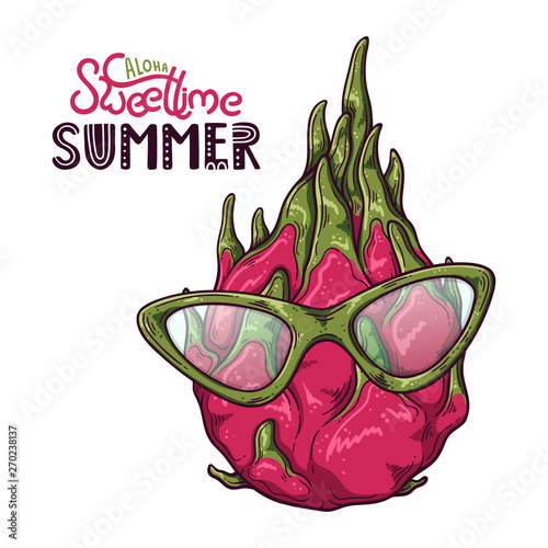 Vector illustration of dragon fruit. Lettering: aloha sweet time summer.