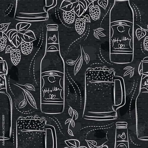 Seamless patterns with set of beer bottle, mug and hop on black chalkboard. Ideal for printing onto fabric and paper or scrap booking.