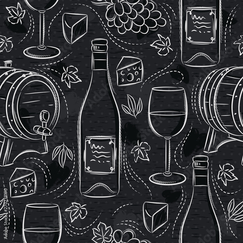Seamless patterns with white wine set, cask, wineglass, barrel, grape and cheese on black chalkboard. Ideal for printing onto fabric and paper or scrap booking.