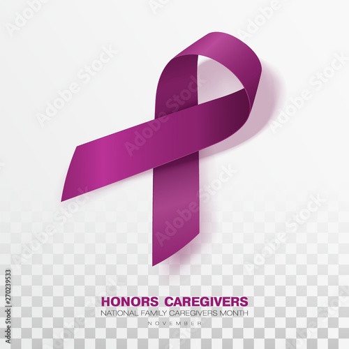 Honors Caregivers. National Family Caregivers Month. Plum Color Ribbon Isolated On Transparent Background. Vector Design Template For Poster.