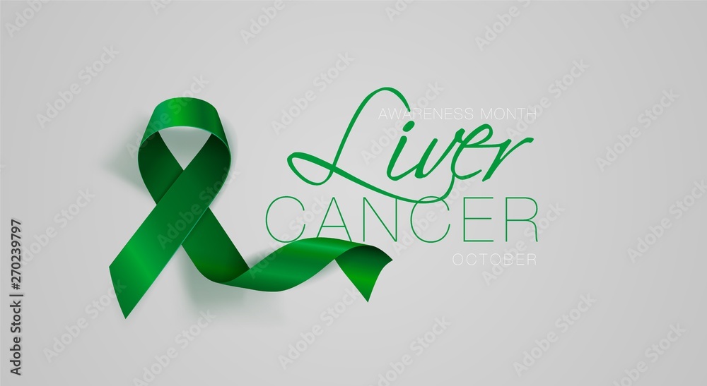 Liver Cancer Awareness Calligraphy Poster Design. Realistic Emerald Green Ribbon. October is Cancer Awareness Month. Vector Liver Cancer Awareness Calligraphy Poster Design. Realistic Emerald Green Ribbon. October is Cancer Awareness Month. Vector
