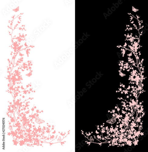 blooming sakura tree branches with butterflies flying around - spring season vector silhouette decor