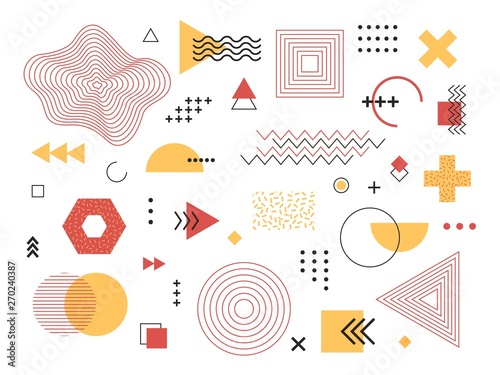 Memphis retro design elements. Set of 90s trendy geometric shapes, vintage print illustration constructivism element for magazine, leaflet, billboard, sale. Memphis vector isolated symbols collection