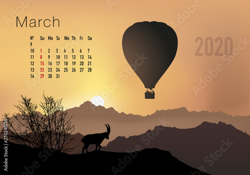 Calendrier 2020 prêt à imprimer en version américaine, composé d’une page pour chaque mois et d’une page de couverture. Ici le mois de mars. Il illustre le calme et la liberté avec des paysages nature