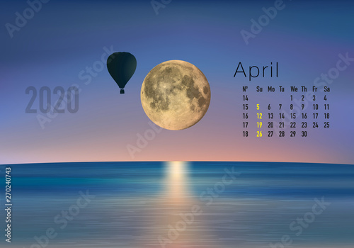 Calendrier 2020 prêt à imprimer en version américaine, composé d’une page pour chaque mois et d’une page de couverture. Ici le mois de avril. Il illustre le calme et la liberté avec des paysages natur