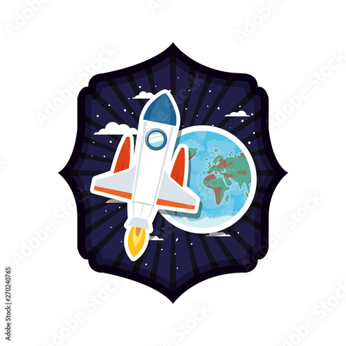 frame with rocket flying and planet of the solar system