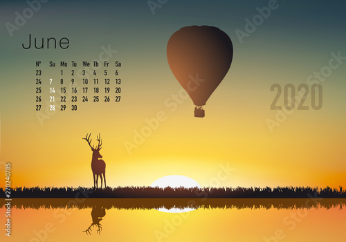 Calendrier 2020 prêt à imprimer en version américaine, composé d’une page pour chaque mois et d’une page de couverture. Ici le mois de juin. Il illustre le calme et la liberté avec des paysages nature