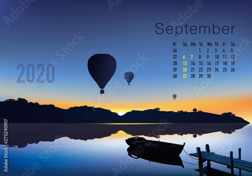 Calendrier 2020 prêt à imprimer en version américaine, composé d’une page pour chaque mois et d’une page de couverture. Ici le mois de septembre. Il illustre le calme et la liberté avec des paysages n