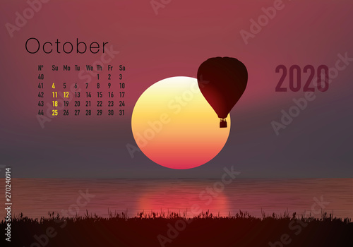 Calendrier 2020 prêt à imprimer en version américaine, composé d’une page pour chaque mois et d’une page de couverture. Ici le mois d’octobre. Il illustre le calme et la liberté avec des paysages natu