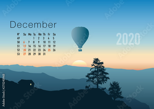 Calendrier 2020 prêt à imprimer en version américaine, composé d’une page pour chaque mois et d’une page de couverture. Ici le mois de décembre. Il illustre le calme et la liberté avec des paysages na
