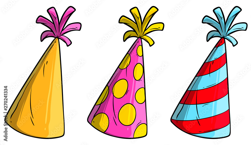 Obraz premium Cartoon colorful holiday cone hats or caps. Isolated on white background. Vector icon set.