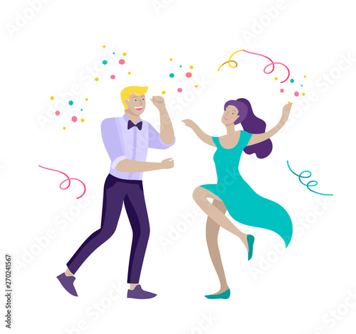 Group of smiling young people or students in evening dresses and tuxedos, happy Jumping and dansing. Prom party, prom night invitation, promenade school dance concept. Vector illustration concept