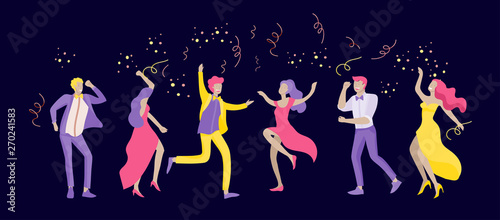 Group of smiling young people or students in evening dresses and tuxedos, happy Jumping and dansing. Prom party, prom night invitation, promenade school dance concept. Vector illustration concept photo