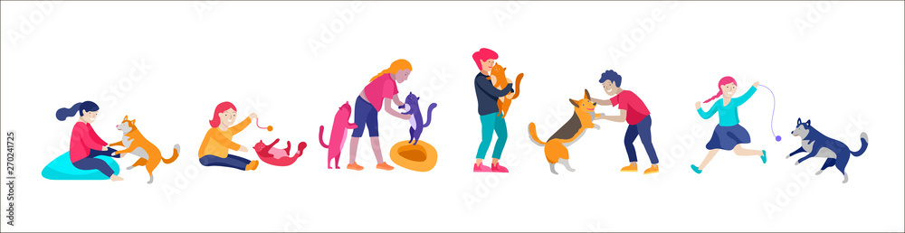 Vector illustration set of children with cats and dog. Happy, funny ...