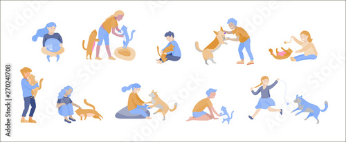 Vector illustration set of children with cats and dog. Happy, funny kids playing, love and taking care of kittens, pet animals in flat cartoon style.