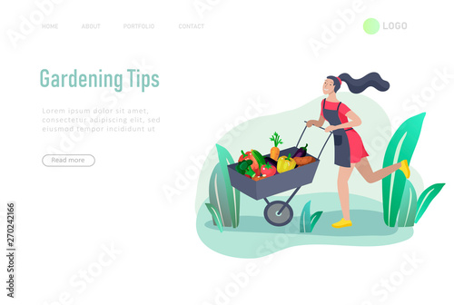 landing page template Harvesting and gardening people, woman and man doing farming and garden job, planting, lay ripe vegetables to box. Reaping crop concept