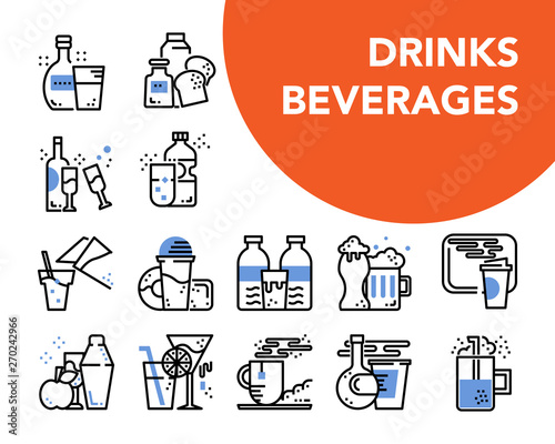 drinks and beverages blue outline design icon vector set