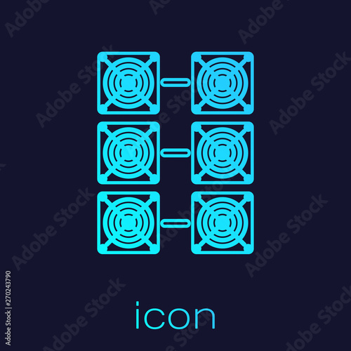 Turquoise Mining farm line icon isolated on blue background. Cryptocurrency mining, blockchain technology, bitcoin, digital money market, cryptocoin wallet. Vector Illustration