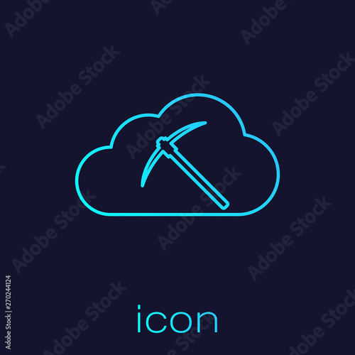 Turquoise Cryptocurrency cloud mining line icon isolated on blue background. Cloud with pickaxe, bitcoin, altcoins, digital money market, cryptocoin wallet. Vector Illustration
