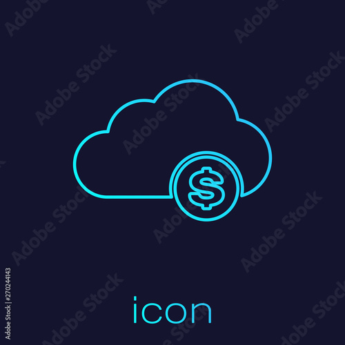 Turquoise Cryptocurrency cloud mining line icon isolated on blue background. Blockchain technology, bitcoin, digital money market, cryptocoin wallet. Vector Illustration