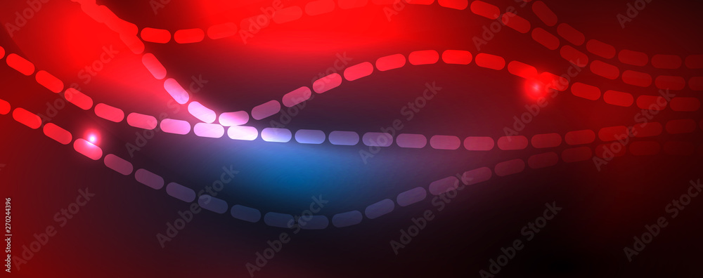 Fototapeta premium Smooth wave lines on blue neon color light background. Glowing abstract wave on dark, shiny motion, magic space light