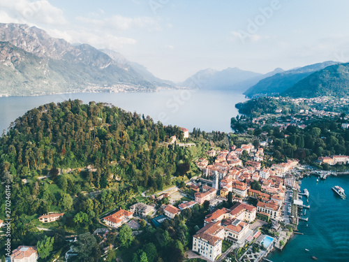 Aerial panorama of Belagio, village on the beautiful Lake Como which is surrounded by the Alps, Italy. photo