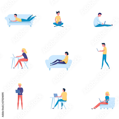 Set of different people that works on computer or laptop
