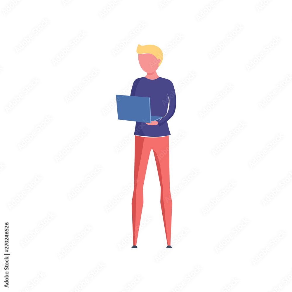 Blonde hair young man in red pants working at laptop Blonde hair young man in red pants working at laptop