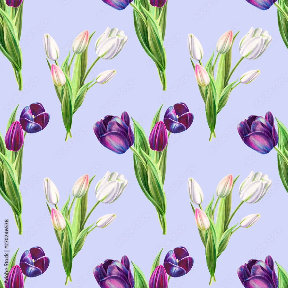 Obraz premium Seamless pattern from black and white tulips. Floral collection. Marker drawing. Watercolor painting. Flower composition of design elements. Greeting card. Painted background. Hand drawn illustration