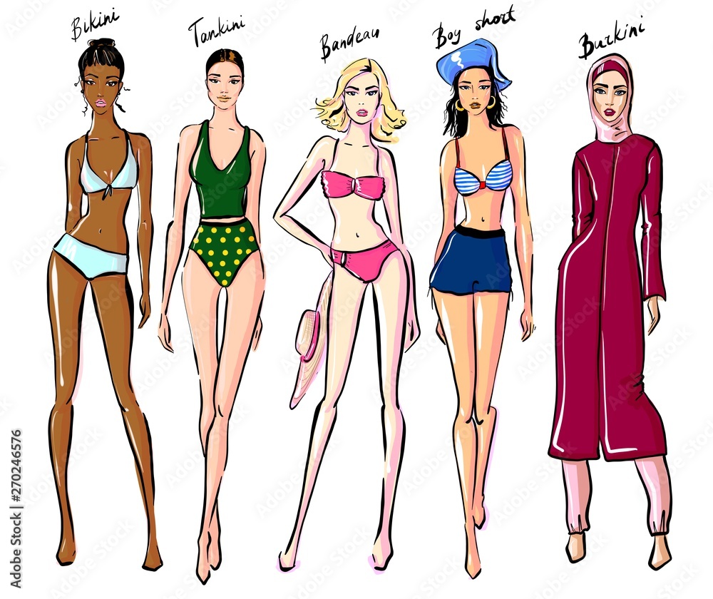 set of female swimsuit illustration. Various types of women beach clothes.  Fashion sketch. Stock イラスト | Adobe Stock