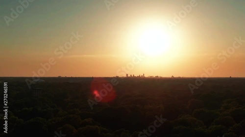 Aerial of Memphis city skyline silhouette at sunset