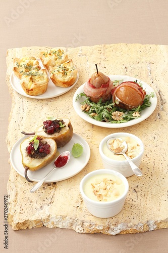 Appetizers with pears - soup, salad, tartlets, baked pears