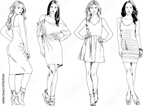 vector drawings on the theme of beautiful slim sporty girl in casual clothes in various poses painted ink hand sketch with no background 