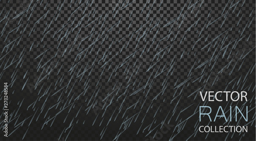 Vector High quality Rain Collection Set Isolaed on Transparent Background. Can be used on flyers, banners, web or any project. Falling water drops. Nature texture rainfall on black background. EPS 10.