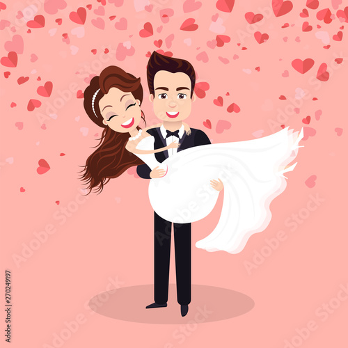 Newlyweds portrait view  couple standing together  characters embracing each other  postcard decorated by hearts  valentine or romantic festive vector