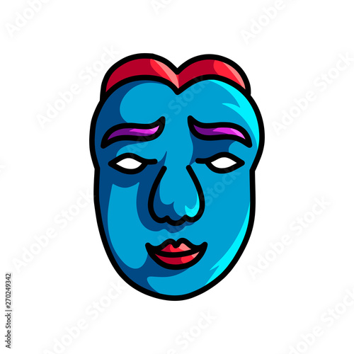 Cute woman blue color mask with red hair and lips