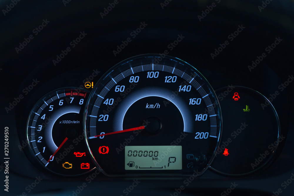 Screen display of car status warning light on dashboard panel symbols which show the fault indicators