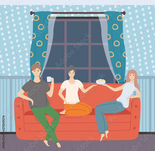 People sitting together on sofa, man and woman watching and eating popcorn, wallpaper with pattern, big window with dark view and curtains vector