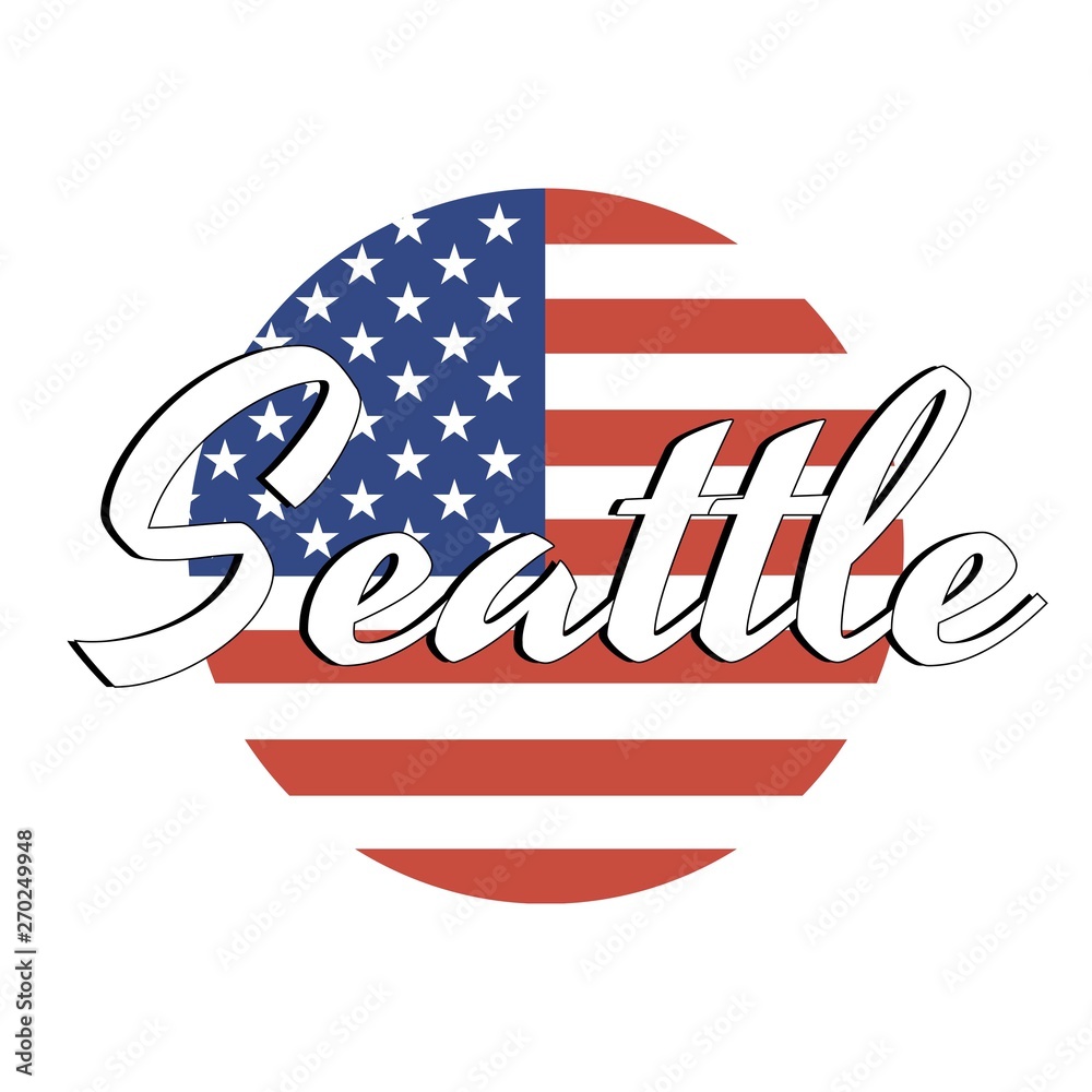 Circle button Icon of national flag of The United States of America with red and blue colors and inscription of city name: Seattle in modern style. Vector EPS10 illustration. Circle button Icon of national flag of The United States of America with red and blue colors and inscription of city name: Seattle in modern style. Vector EPS10 illustration.