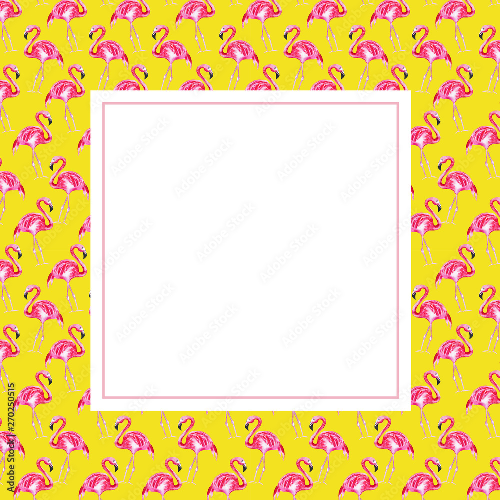 Frame with pink flamingo on a yellow background. Watercolor illustration. Frame with pink flamingo on a yellow background. Watercolor illustration.