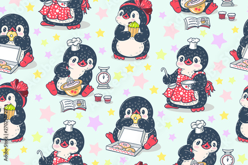 Seamless pattern with cute penguins