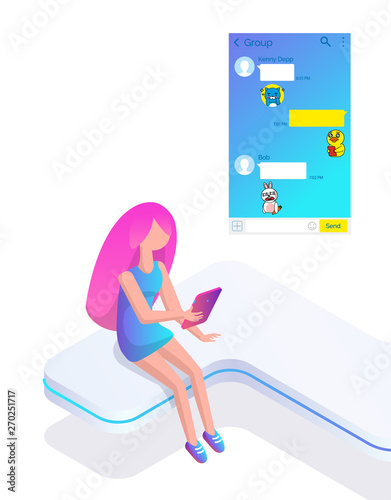 Person using kakao talk messenger vector, stickers on chatting page. Young woman, girl and interface of Korean social network, emojis and emoticons