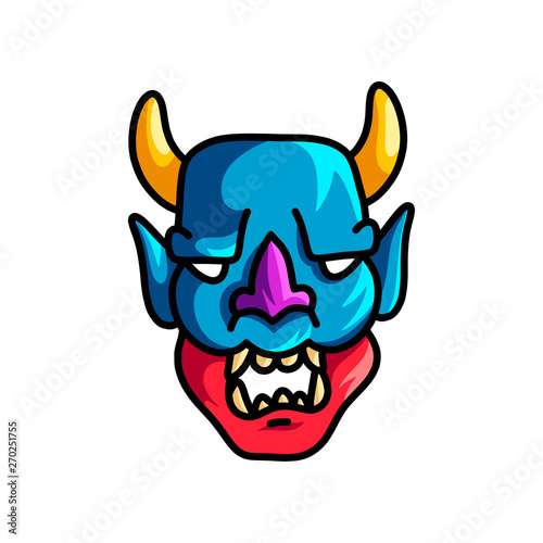 Colorful scary mask with blue red color and yellow horns