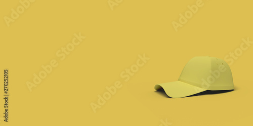 Yellow baseball hat on a yellow background abstract image. Minimal concept sport business. 3D render.